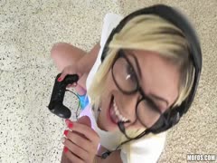 Sexy sister in glasses and headphones sucks her brother cock in pov